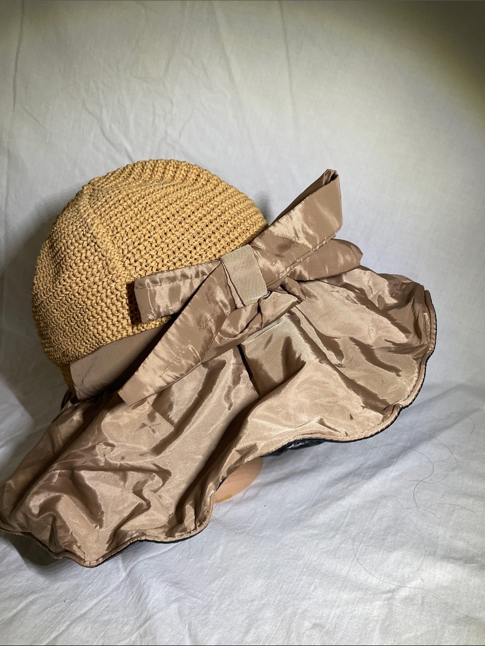 Women’s Beige Straw Cloche Hat with Satin Bow